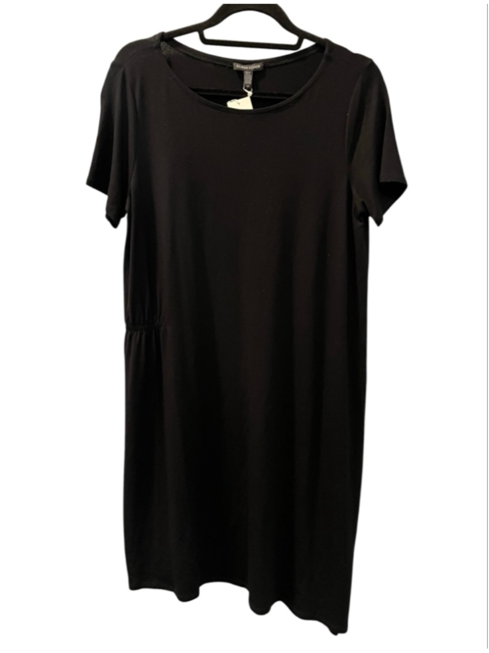 Eileen Fisher NWT Black Jersey Side Ruched T-Shirt Dress Size Small Comfort $168